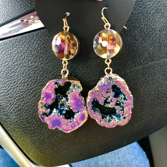 handmade Jewelry - Geode Dangle Earrings with Purple Crystal